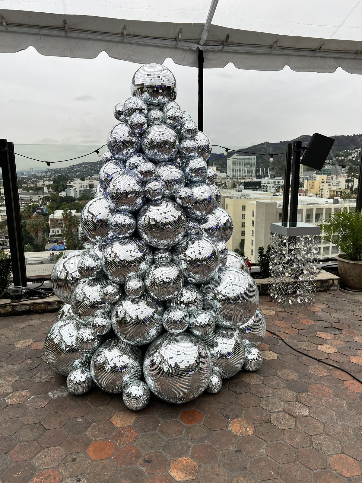Tree sculpture built from mirror balls on a Hollywood rooftop
